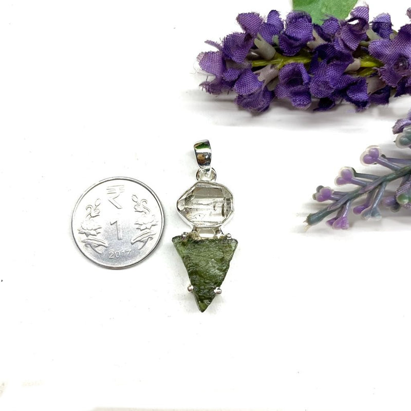 Moldavite and Herkimer Diamond Silver Pendant