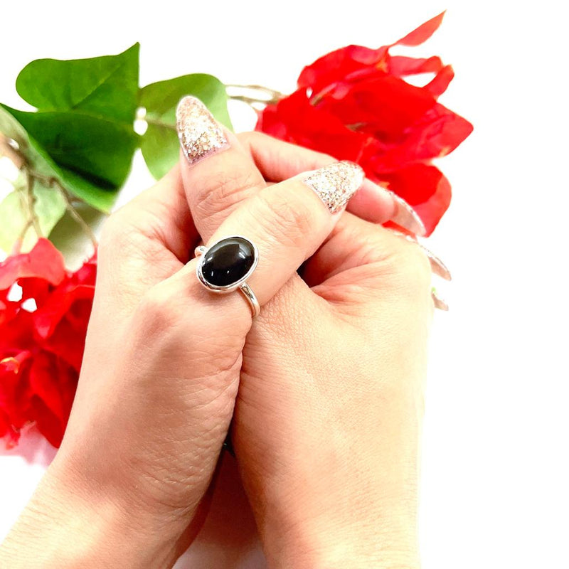 Black Obsidian Adjustable Ring in Silver (1 pc)
