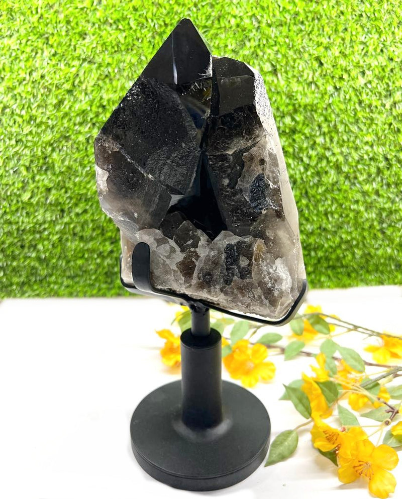 Smokey Quartz / Morion Cluster with large Points on Stand (Support)