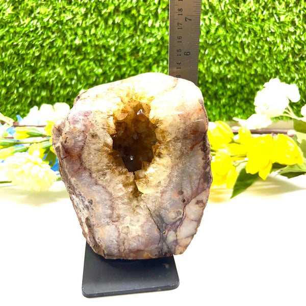 Citrine Geode with Red Crazy Lace Agate on Metal Stand