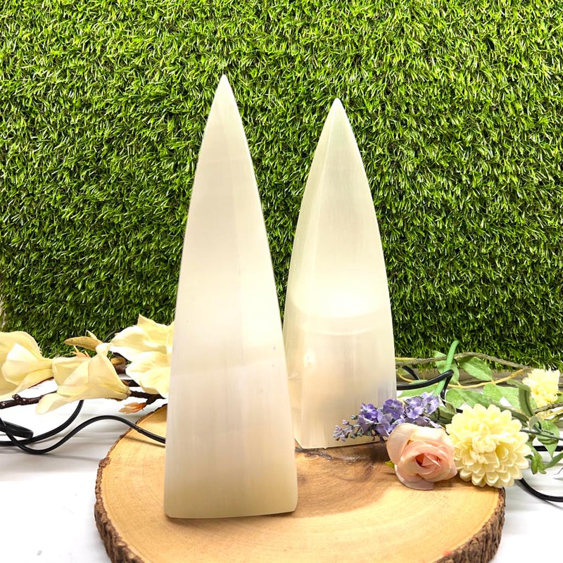 White Selenite Polished Lamp Tall Pyramid Shape