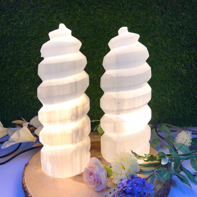 White Selenite Polished Spiral Lamp with Pointed Top