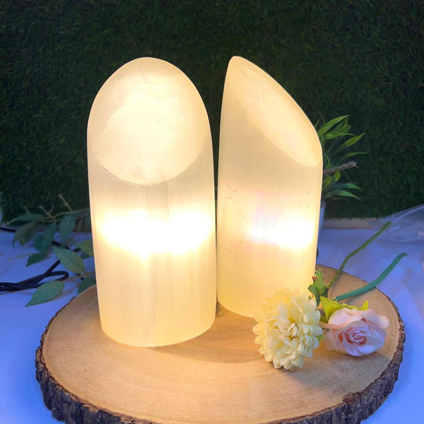 White Selenite Polished Cylindrical Lamp with Slant Top