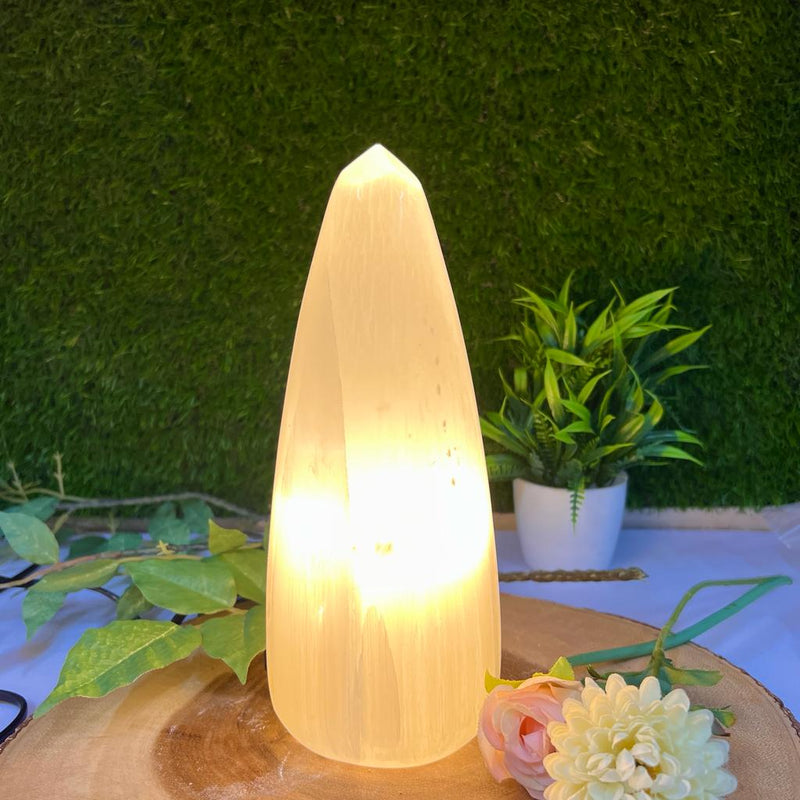 White Selenite Polished Cone Shaped Lamp with Faceted Top