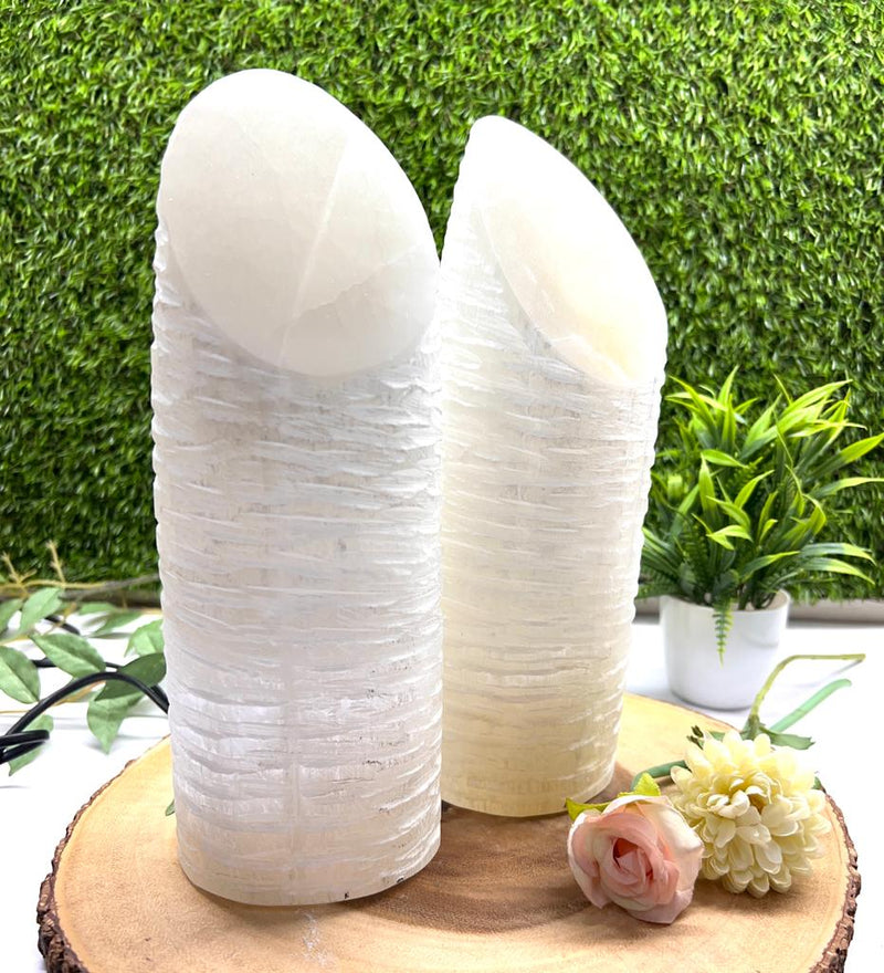 White Selenite Carved Cylindrical Lamp with Slant Polished Top