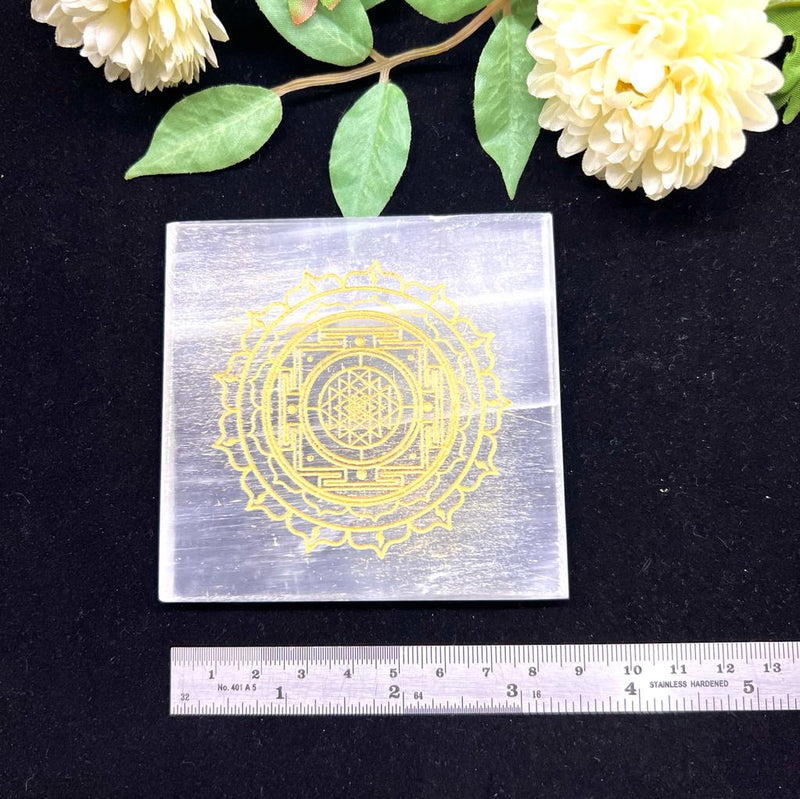 Selenite Small Square Charging Plate  with Golden Etching