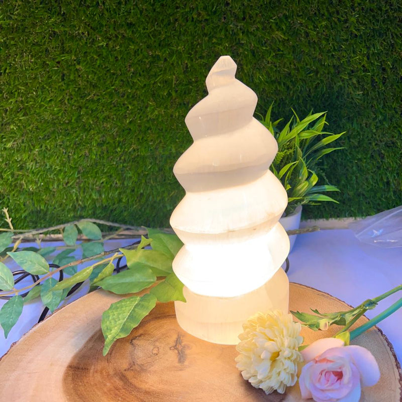 White Selenite Polished Spiral Lamp with Pointed Top