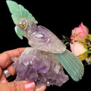 Medium Sized Crystal Parrots on Amethyst Clusters from Brazil