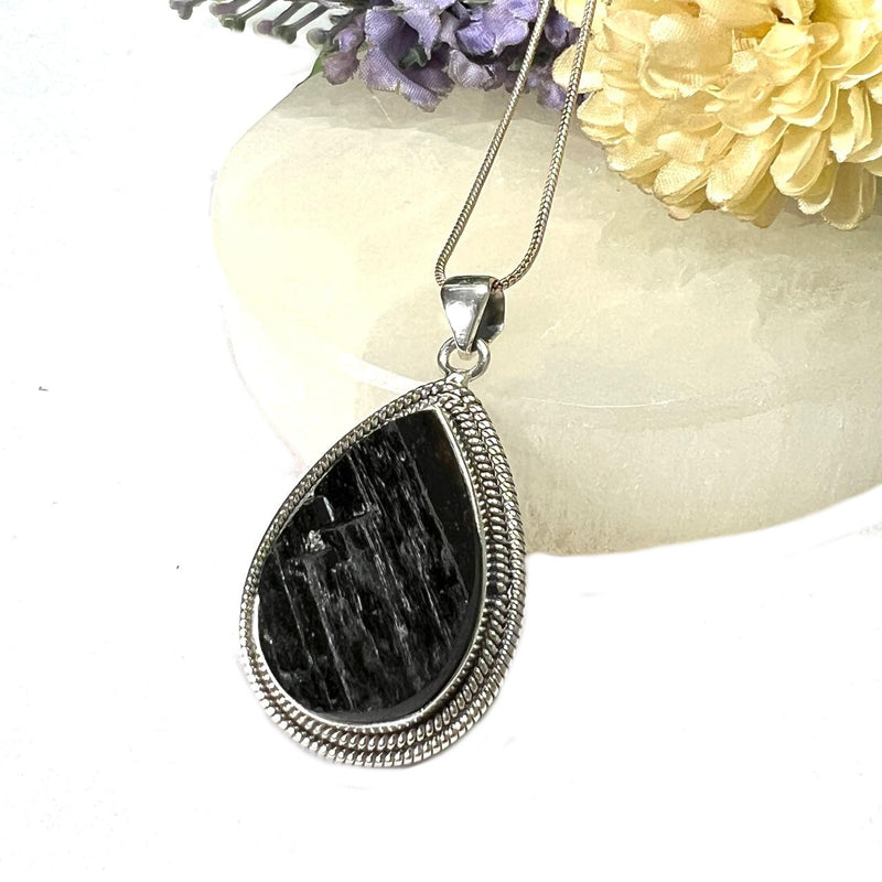 Black Tourmaline Rough Premium Pendants in Silver (Protection from Negative Energy)