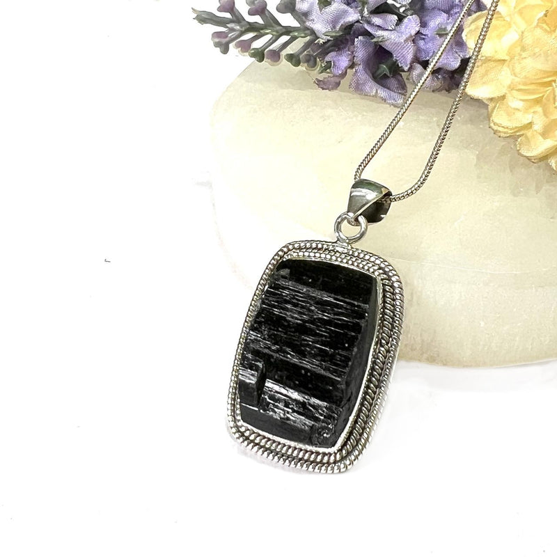 Black Tourmaline Rough Premium Pendants in Silver (Protection from Negative Energy)