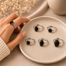 Black Obsidian silver rings by Talk to Crystals featuring natural healing crystal jewellery for protection, grounding, energy cleansing, and spiritual resilience in India