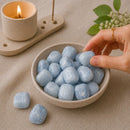 Blue Calcite tumble stones by Talk to Crystals featuring soothing healing crystals for emotional calming, relaxation, communication, restful energy, meditation, and peaceful spiritual practices in India