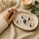 Blue Kyanite adjustable silver rings by Talk to Crystals, available in multiple designs, featuring natural healing crystal jewellery for authentic communication, mental clarity, energetic alignment, intuition, meditation, and throat chakra healing in India