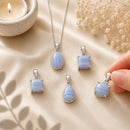 Blue Lace Agate silver pendant by Talk to Crystals featuring natural gemstone jewellery for calm communication, reducing stress, emotional balance, self-expression, and peaceful living in India