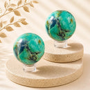 Natural Chrysoprase spheres by Talk to Crystals for joy, optimism, emotional healing, abundance, Heart Chakra healing and crystal home décor in India
