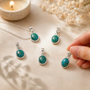 Chrysocolla silver pendant by Talk to Crystals featuring natural gemstone jewellery for emotional healing, feminine wisdom, authentic communication, inner strength, heart and throat chakra balance, and peaceful living in India