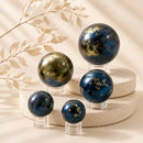 Covellite spheres by Talk to Crystals, available in various sizes, featuring natural healing crystals for intuition, transformation, higher consciousness, inner vision, spiritual growth, and Third Eye Chakra healing in India