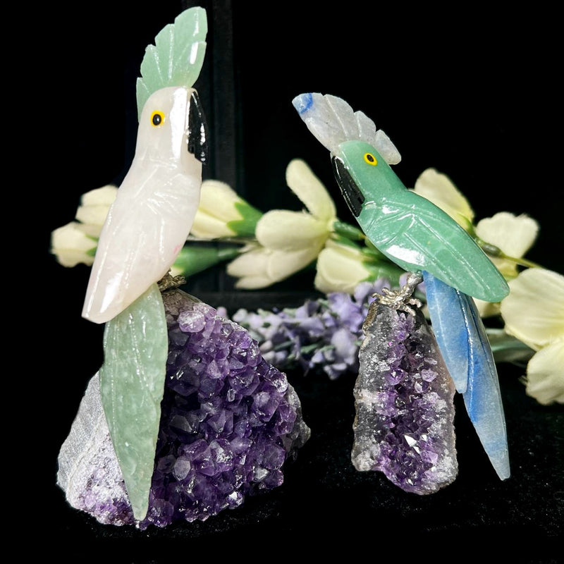 Small Crystal Birds / Parrots on Amethyst Druzy from Brazil