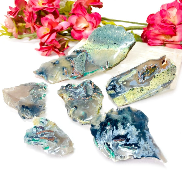 Dendritic Copper Chrysocolla on Chalcedony Slices