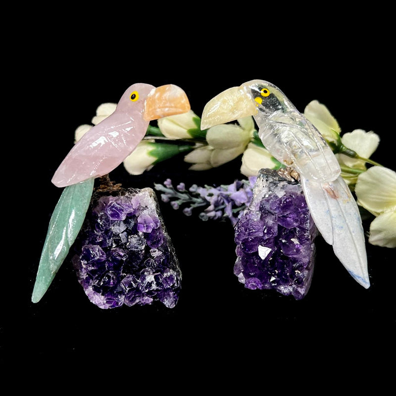 Small Crystal Birds / Parrots on Amethyst Druzy from Brazil