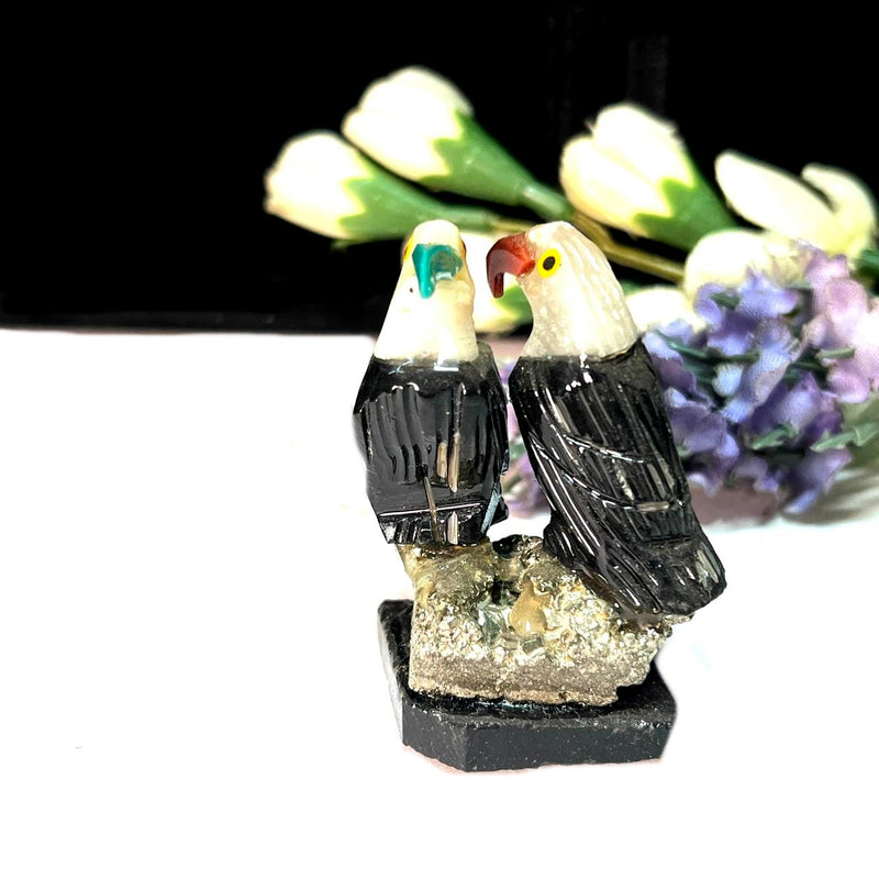 Small Crystal Birds on Pyrite Cluster/ Aragonite Log (Parrots,Eagles, Penguins)