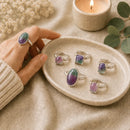 Multi Fluorite adjustable silver rings by Talk to Crystals, in multiple designs, featuring natural healing crystal jewellery for mental clarity, focus, balanced decision-making, intuition, learning, and harmonising mind and emotions in India