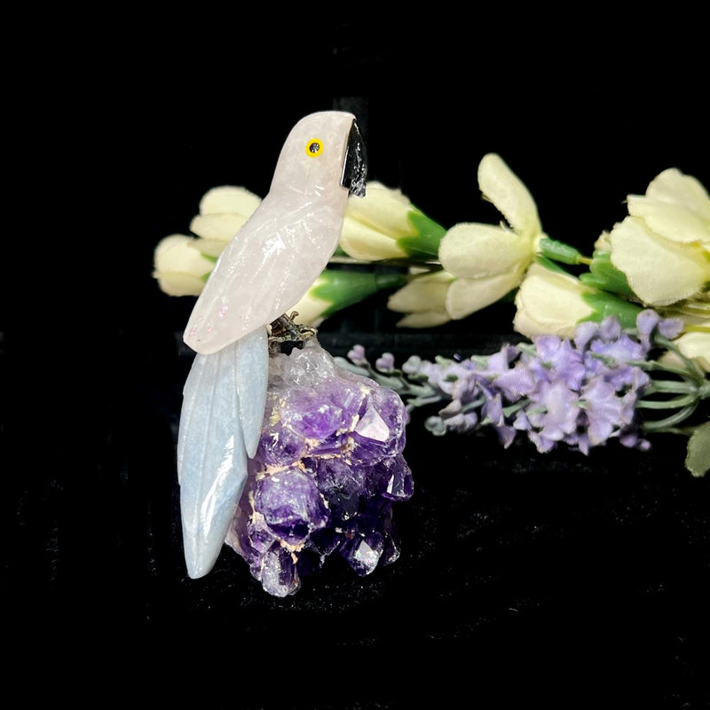 Small Crystal Birds / Parrots on Amethyst Druzy from Brazil