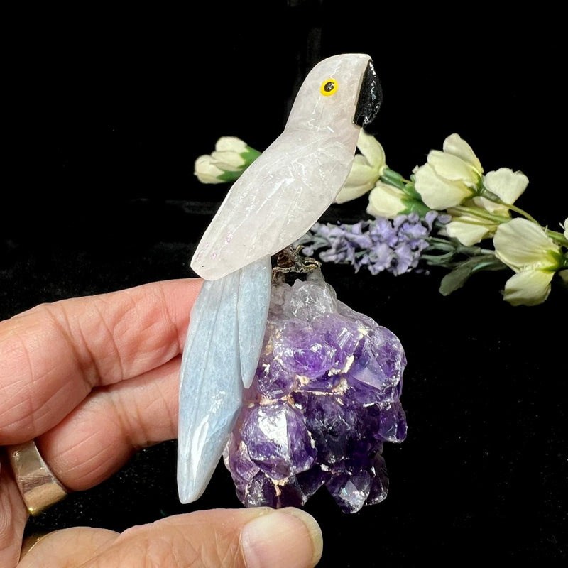 Small Crystal Birds / Parrots on Amethyst Druzy from Brazil