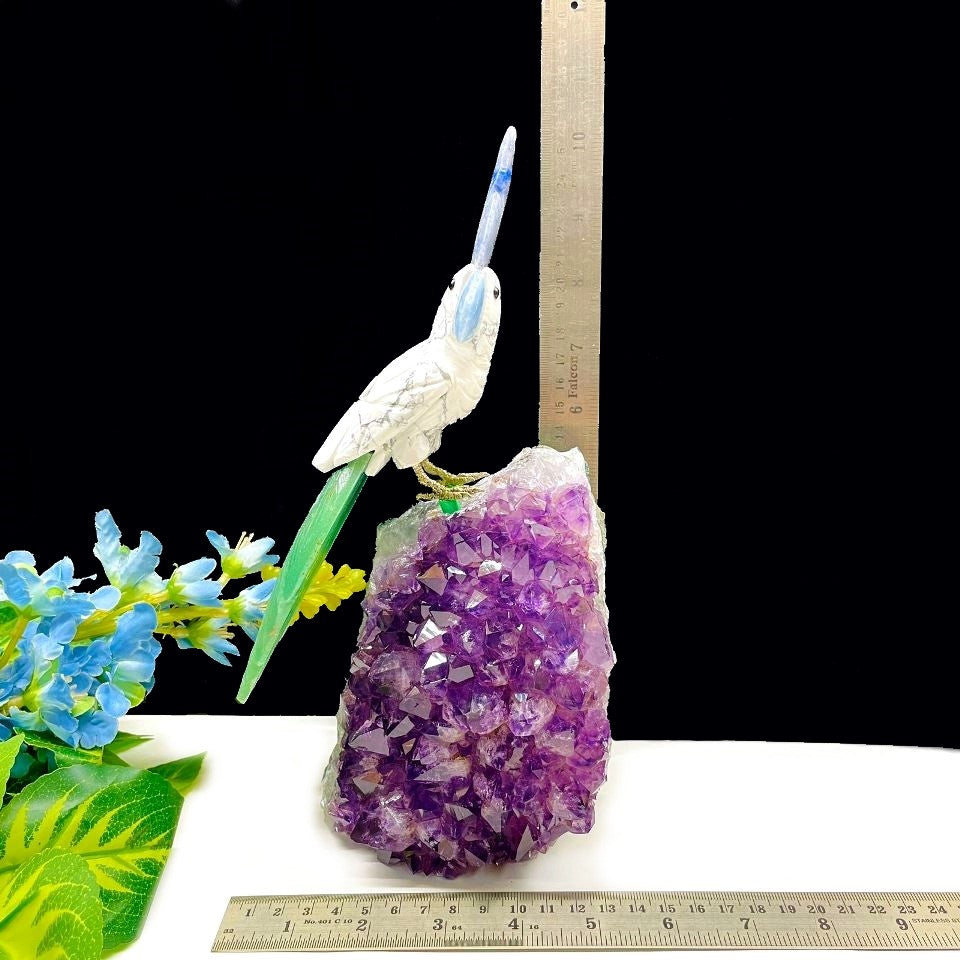 Exclusive - Howlite Parrot on Amethyst Cluster | Talk to Crystals