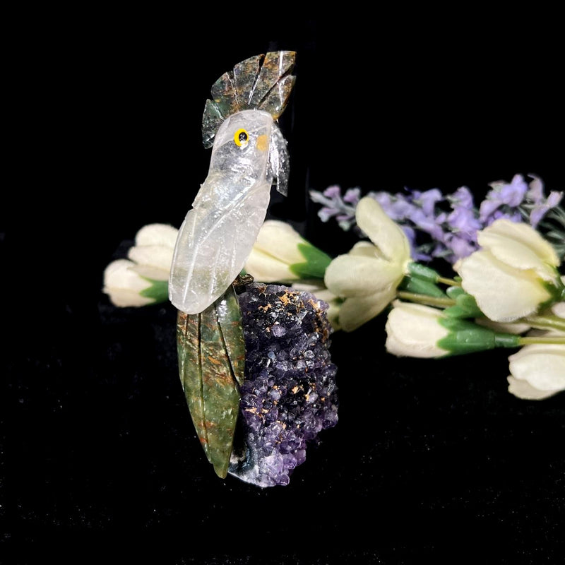 Small Crystal Birds / Parrots on Amethyst Druzy from Brazil