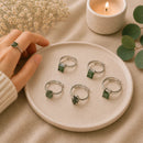 Moldavite silver rings by Talk to Crystals, available in multiple designs with natural rough and faceted gemstones, featuring healing crystal jewellery for transformation, spiritual awakening, life changes, higher consciousness, and soul evolution in India