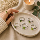 Peridot adjustable silver rings by Talk to Crystals featuring natural healing crystal jewellery for abundance, prosperity, personal growth, confidence, heart healing, and welcoming positive opportunities in India