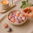 Peruvian Pink Opal tumble stones by Talk to Crystals featuring soothing healing crystals for emotional healing, self-love, compassion, heart chakra work, meditation, and gentle spiritual energy in India