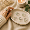 Prehnite adjustable silver rings by Talk to Crystals, available in multiple designs, featuring natural healing crystal jewellery for inner peace, intuition, decluttering emotional baggage, heart chakra healing, spiritual growth, and harmonious living in India
