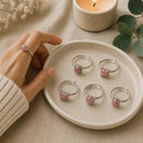 Rhodochrosite adjustable silver rings by Talk to Crystals, available in multiple designs, featuring natural healing crystal jewellery for self-love, emotional healing, self-worth, compassion, joyful living, and Heart Chakra healing in India