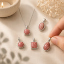 Rhodochrosite silver pendant by Talk to Crystals featuring natural gemstone jewellery for self-love, self-worth, inner child healing, emotional healing, joy, and Heart Chakra healing in India