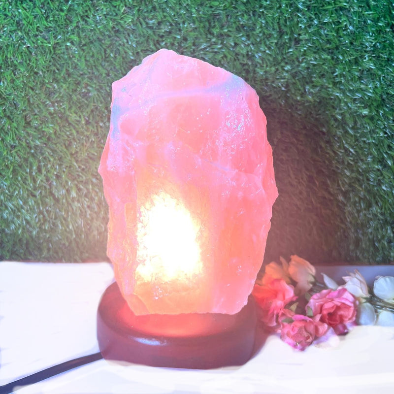 Rose Quartz Lamps on Wooden Stand