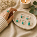 Russian Amazonite adjustable silver rings by Talk to Crystals, available in multiple designs, featuring natural healing crystal jewellery for manifestation, mental clarity, hope, courage, emotional balance, harmonious relationships, and heart and throat chakra healing in India