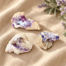 Spirit Flower cluster by Talk to Crystals with blue-white chalcedony and purple fluorite for emotional healing, inner clarity, calmness, self-love and Heart, Throat & Third Eye Chakra work