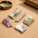Two Colored Kunzite rough by Talk to Crystals, featuring pink, green and white Kunzite for unconditional love, emotional healing, joy and Heart Chakra energy.