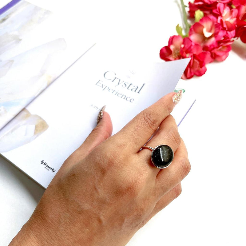 Black Tourmaline Adjustable Ring in Silver (Protection from Evil Eye)