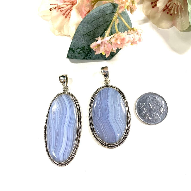 Blue Lace Agate Premium Pendants in Silver (Calm Communication)