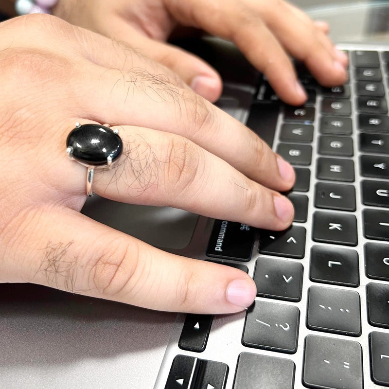 Black Tourmaline Adjustable Ring in Silver (Protection from Evil Eye)