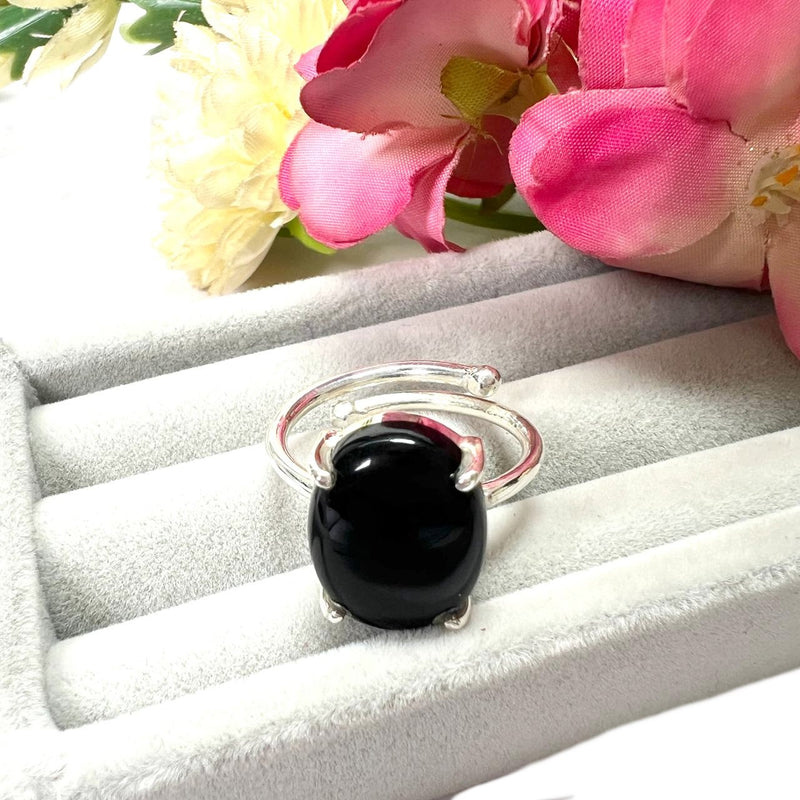 Black Tourmaline Adjustable Ring in Silver (Protection from Evil Eye)