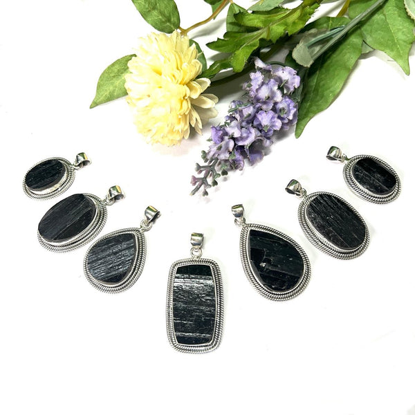 Black Tourmaline Rough Premium Pendants in Silver (Protection from Negative Energy)