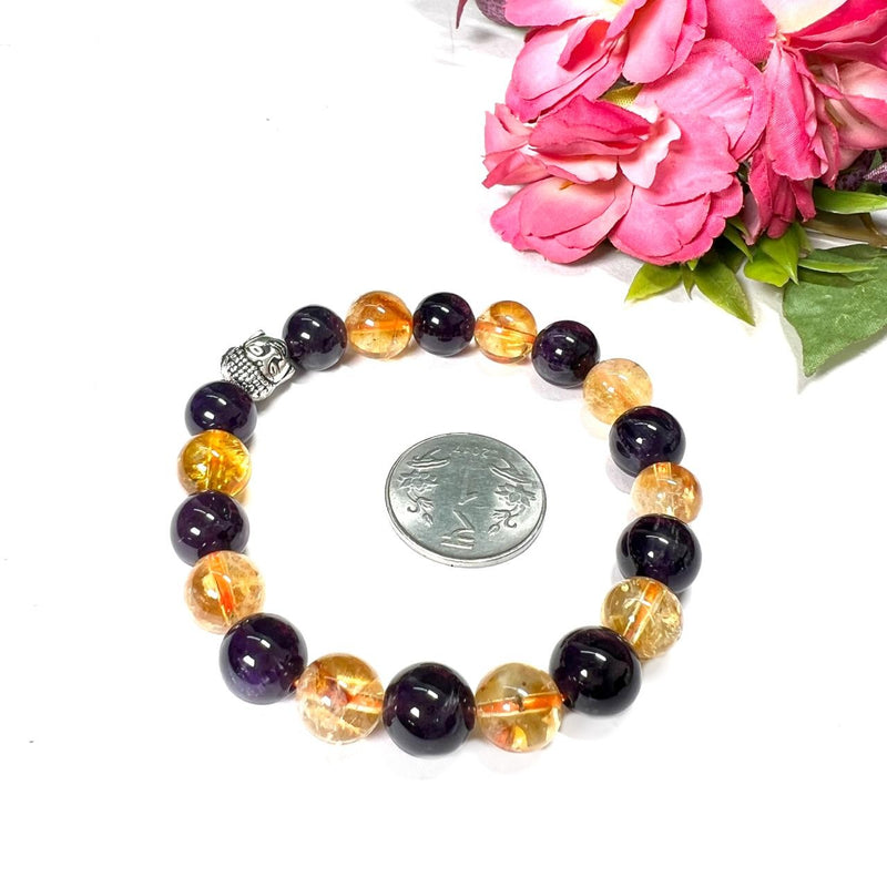 Citrine & Amethyst Round Bead Bracelet (Release Stress)