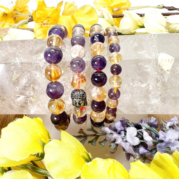 Citrine & Amethyst Round Bead Bracelet (Release Stress)