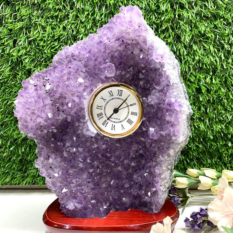 Clock in Amethyst Cluster on Wooden Stand