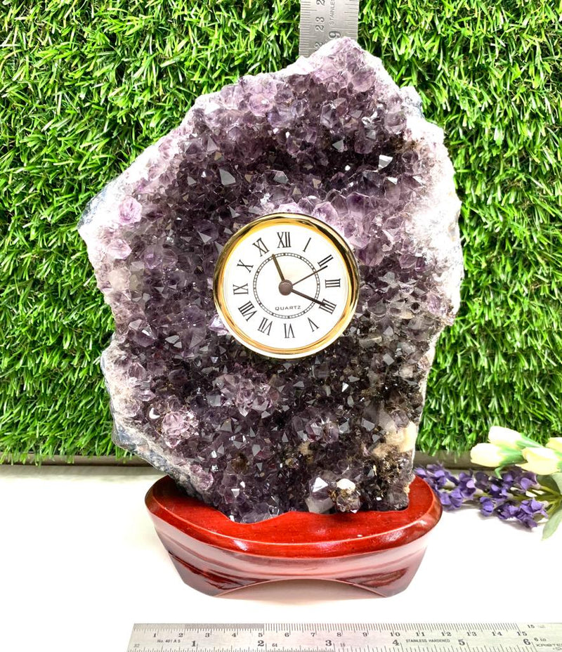 Clock in Amethyst Cluster on Wooden Stand