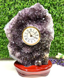 Clock in Amethyst Cluster on Wooden Stand